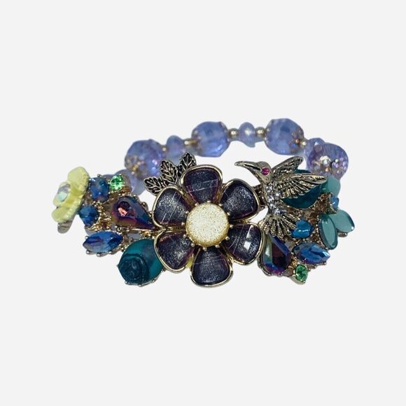 Betsey Johnson Hummingbird Flower Bracelet 7" Icy Crystal Spring Ahead VTG - Picture 4 of 10